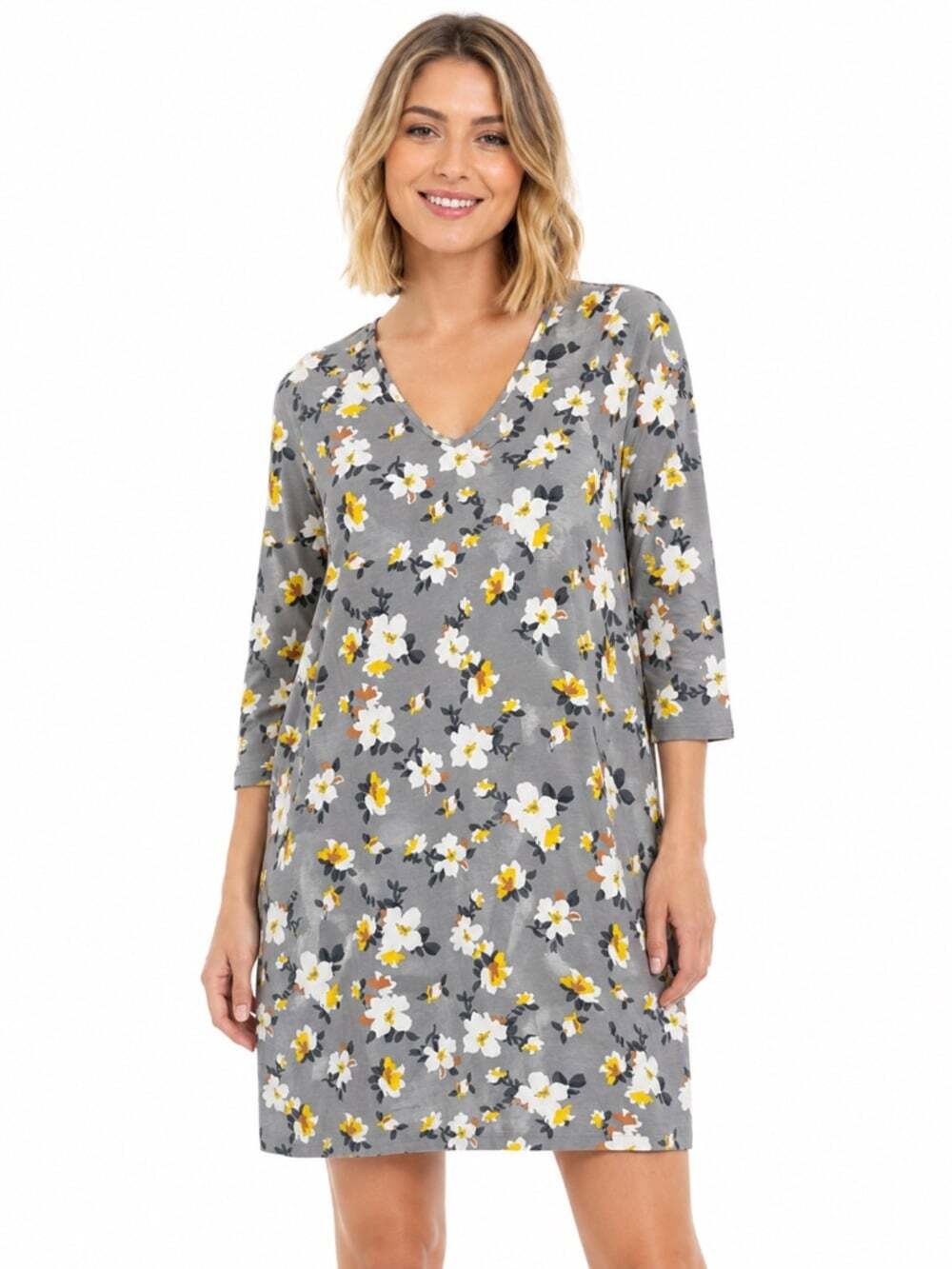 Blair Cotton Floral Shift Dress Gray Yellow V Neck Knit Womens Medium